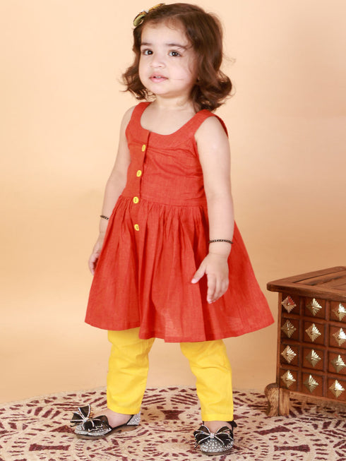Vastramay SISHU Girl's Red Striped Handloom Kurta With Yellow Pyjama Set